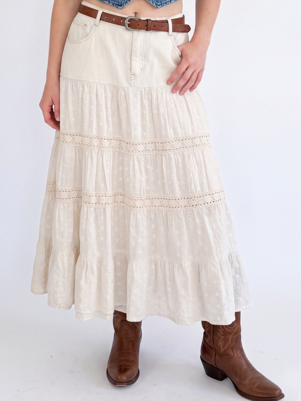 Vintage Bill Blass 90s Western Boho Denim Tiered Lace prairie Midi skirt cowgirl
